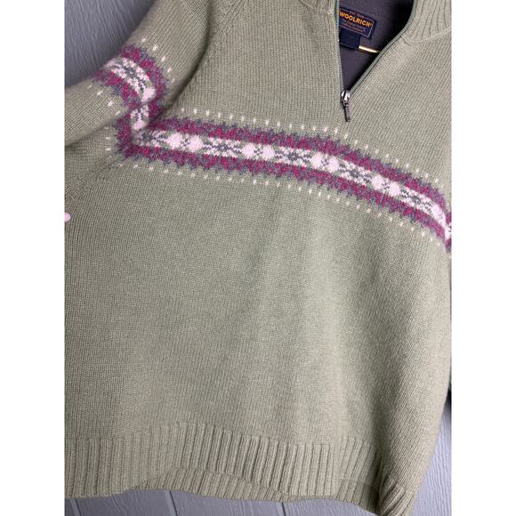 Vintage Woolrich Women’s XL Lambswool Quarter Zip Sweater Green Fair Isle Trim - Picture 3 of 7